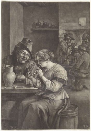 Vrouw steekt haar pijp aan by Jan van der Bruggen
