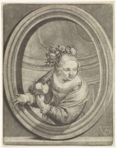 Jonge vrouw getooid met bloemenkrans by Jan van der Bruggen