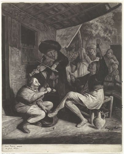 Musicerende mannen en een man die tabak aanbiedt by Cornelis Dusart
