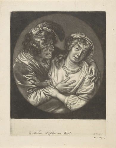 Een man betast de borst van een jonge vrouw by Jacob Gole