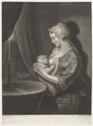 Een vrouw geeft een kind de borst by John Greenwood
