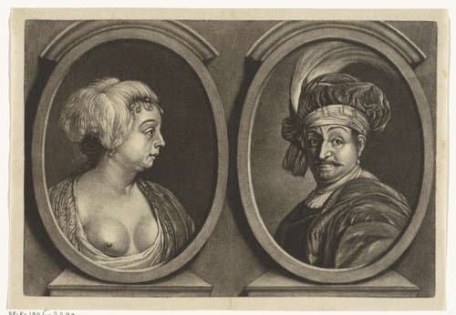 Portretten van een vrouw met een ontblote borst en een man met tulband by Johannes de Groot (II)