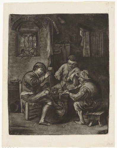 Vioolspelende, rokende en drinkende mannen by Jacob Hoolaart