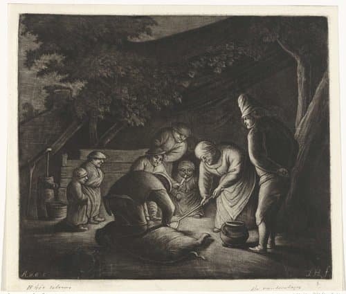 Boerenfamilie bij het slachten van een varken