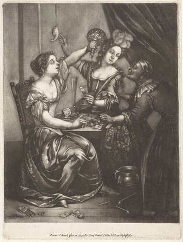 Twee drinkende vrouwen en een oude vrouw by Pieter Schenk (I)