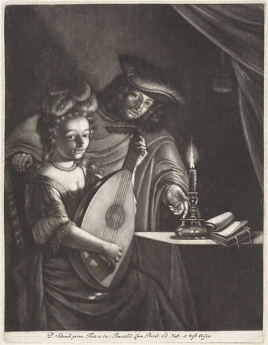Luitspeelster en jongeman bij kaarslicht by Pieter Schenk (I)
