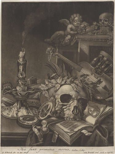 Vanitasstilleven met een schedel en een viool by Pieter Schenk (I)