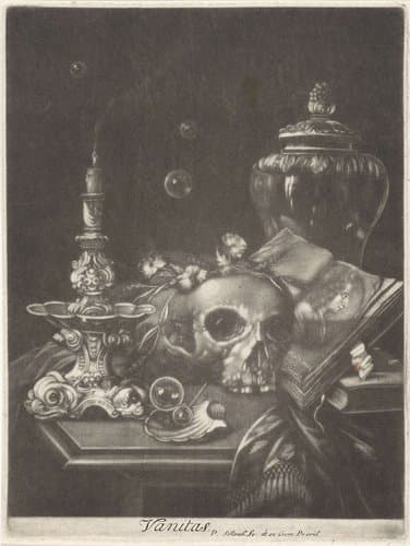 Vanitasstilleven met een schedel en zeepbellen by Pieter Schenk (I)