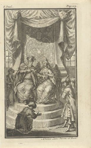 Figuren knielen voor tronende keizer en keizerin by Adolf van der Laan