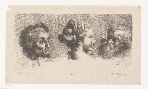 Drie opzij kijkende koppen van een vrouw en twee mannen by Rudolf Füssli (der Jüngste)