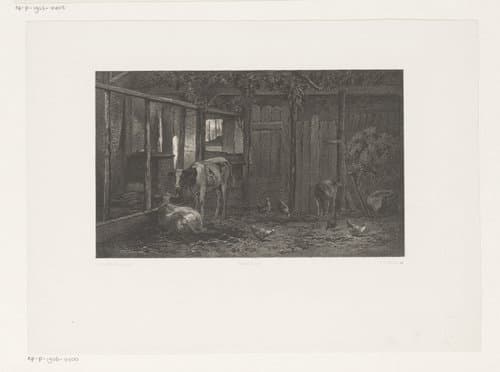 Stal met koeien, kippen en een varken by Jan Mesker