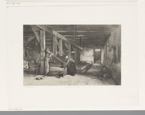 Stalinterieur met vrouw bij waterpomp by Jan Mesker