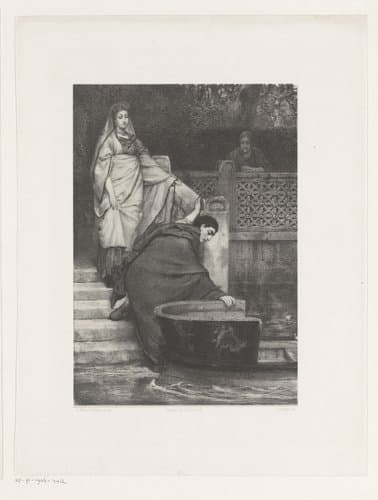 Man helpt vrouw in boot by Jan Mesker