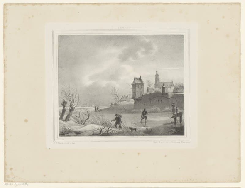 Schaatsers op bevroren rivier by Franciscus Bernardus Waanders