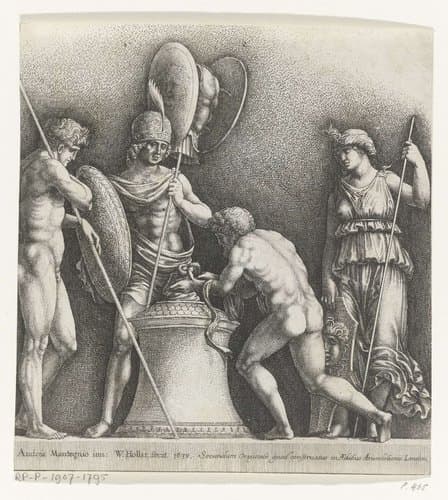 Vier klassieke figuren rond een offerzuil by Wenceslaus Hollar