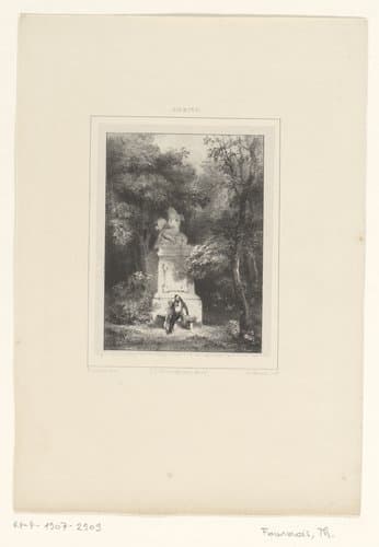 Bosgezicht met man bij een standbeeld by Théodore Fourmois