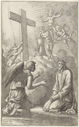 Geknielde Christus omringd door engelen met de passiewerktuigen by Wenceslaus Hollar