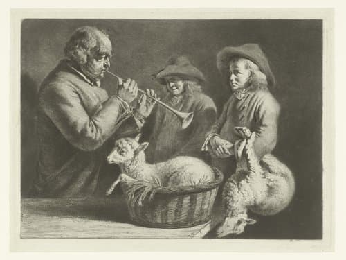 Hobospelende man bij twee jonge herders met lammeren by Jean Jacques de Boissieu