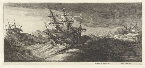 Oorlogsschepen en een walvis in een zeestorm by Wenceslaus Hollar