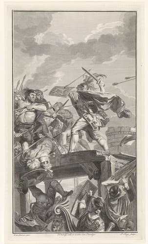 Horatius Cocles verdedigt zich op de brug by Pieter Tanjé