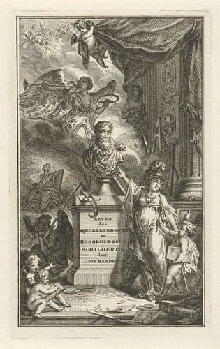 Portret van Karel van Mander door putto geëerd by Simon Fokke
