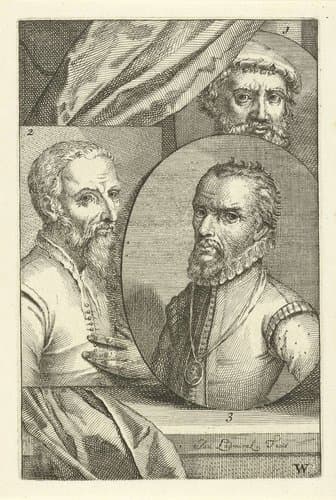 Portretten van Pieter Coecke van Aelst, Maarten van Heemskerck en Michiel Coxie by Jan l'Admiral