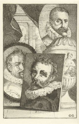 Portretten van Bartholomeus Spranger, Cornelis Ketel en Paul Bril by Jan l'Admiral