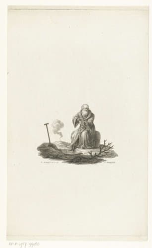 Oude man zit bij open graf by Johannes Christiaan Bendorp