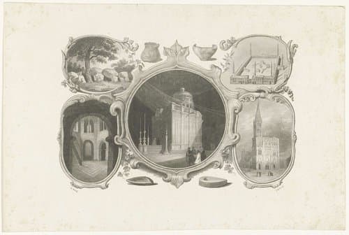 Gezicht op een kerk en een hunebed by Jan Baptist Tetar van Elven