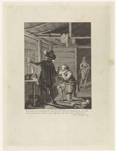 Van zulk een denkbeeld vol, zweert hy, al staamlend, trouw / Aan God, aan Rome, aan Spanje, en tart het naberouw; by Theodoor Koning