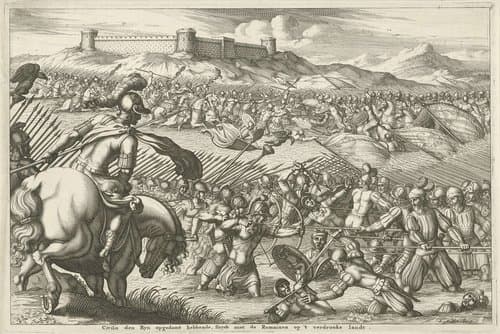 Civilis den Ryn opgedamt hebbende, strydt met de Romainen op 't verdronke landt by Joseph Mulder
