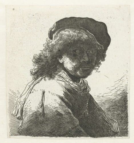 Self-portrait in a cap and scarf with the face dark: bust by anonymous