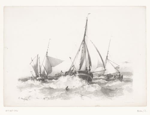 Zeilboten tussen golven by Charles Louis Mozin
