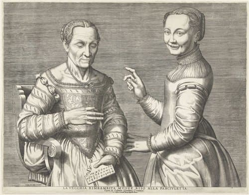 Oude vrouw doet het jonge meisje lachen by Jacob Bos