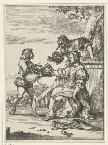 Twee vrouwen en man met fruitschaal by Romeyn de Hooghe