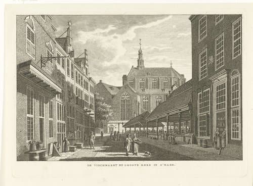 Stadsgezicht met vismarkt en Grote Kerk of Sint Jacobskerk in Den Haag by Carel Frederik Bendorp (I)