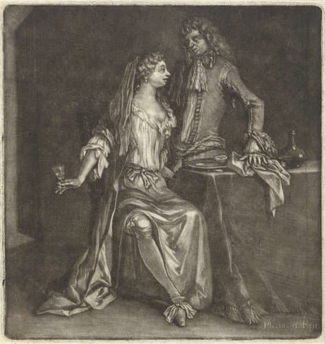 Vrouw en een man bij een tafel by Marcellus Laroon