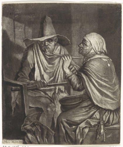 Oude vrouw voert een man by Marcellus Laroon