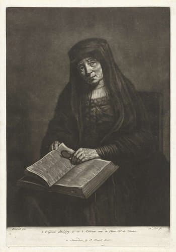 Oude vrouw met bijbel op de schoot, mogelijk de moeder van Rembrandt by Pieter Louw