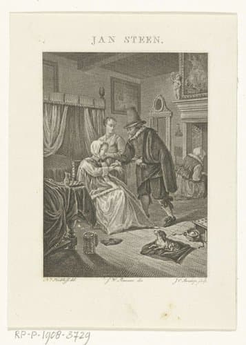 Dokter voelt polsslag van zieke vrouw in slaapvertrek by Johannes Christiaan Bendorp