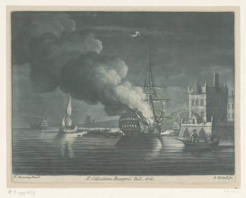 Brandend schip bij de haven