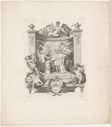 Huwelijksvignet met Hercules en Minerva by Claude Augustin Duflos