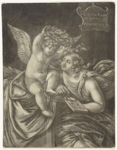 Amor kroont de personificatie van de Schilderkunst by Jan van Somer