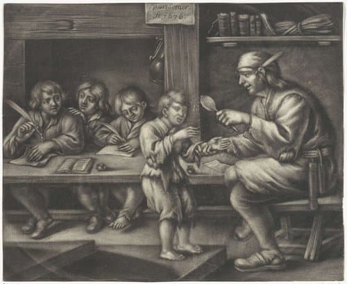 Schoolmeester geeft een jongen de plak by Jan van Somer