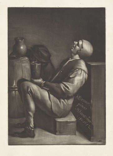 Slapende man op een houtblok by Jan van Somer