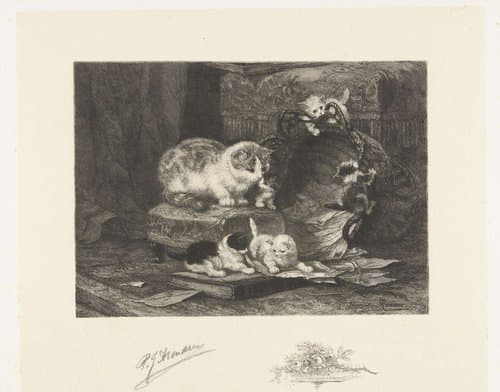 Poes met vijf spelende jongen by Petrus Johannes Arendzen