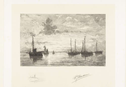 Visschersschepen op zee bij opgaande zon by Petrus Johannes Arendzen