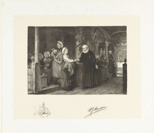 De dominee begroet een kerkgangster by Petrus Johannes Arendzen