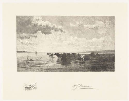 Runderen bij een plas by Petrus Johannes Arendzen