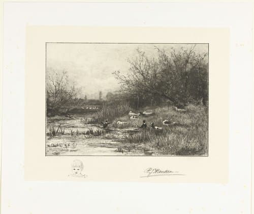 Landschap met eenden bij een plas by Petrus Johannes Arendzen